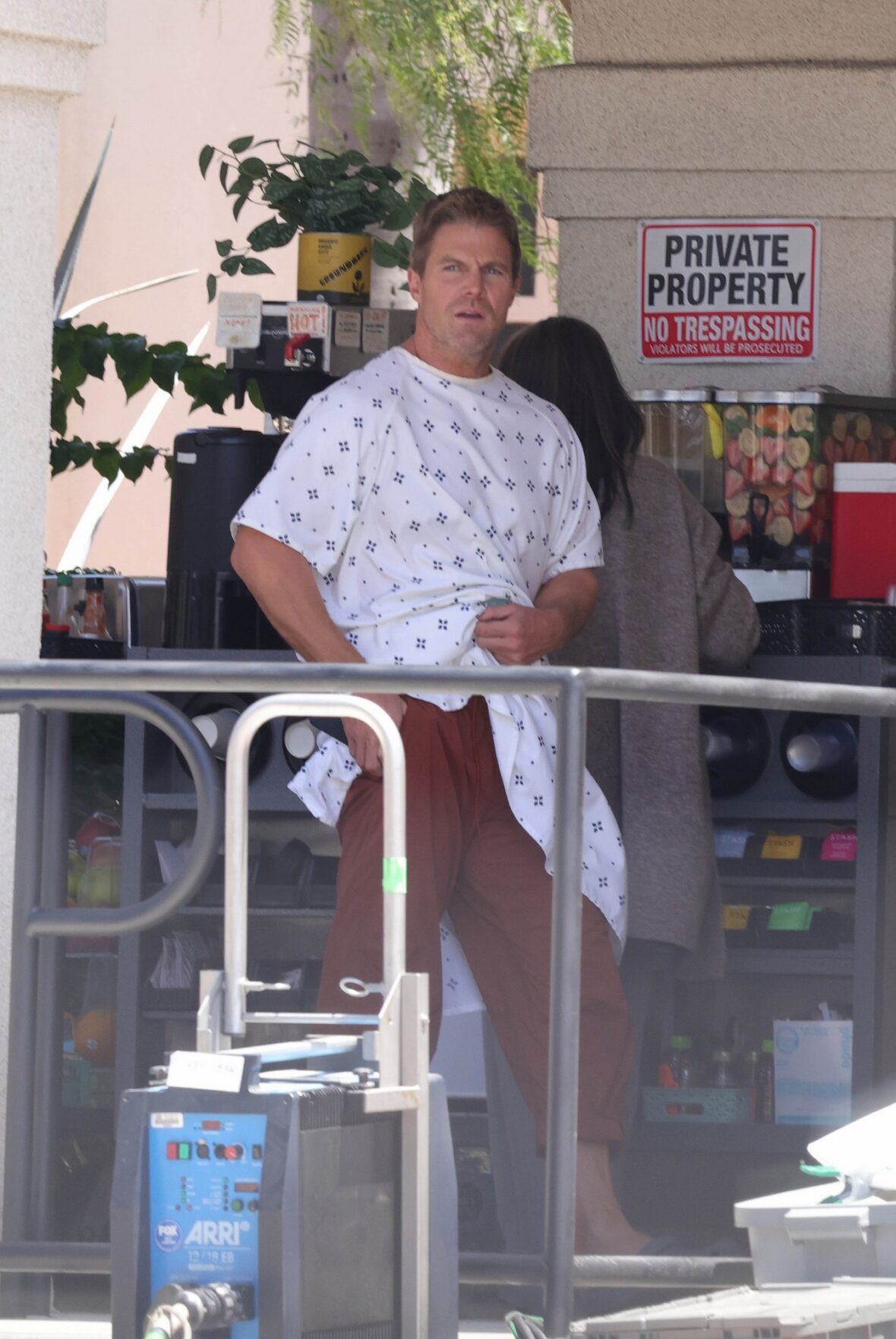 Stephen Amell and Jessica Belkin film BAYWATCH at hospital location