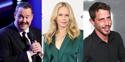 Chelsea Handler stock photo with two comedians, Shane Gillis and Tony Hinchcliffe