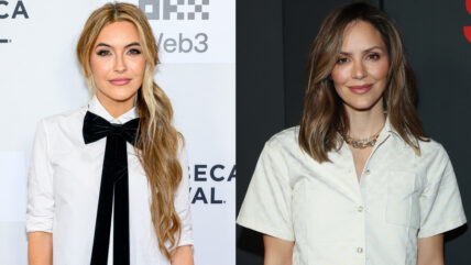 Chrishell Stause wears a black tie at an event / Katharine McPhee wears a white blouse at an event