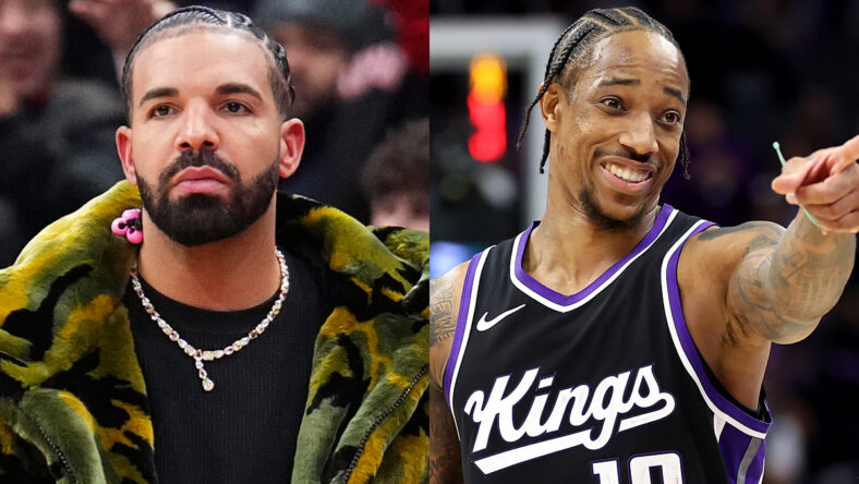 Drake watches on as the Sacramento Kings play the Toronto Raptors during the second half of their basketball game at the Scotiabank Arena / DeMar DeRozan #10 of the Sacramento Kings points back towards the bench during the second half of their game against the San Antonio Spurs at Golden 1 Center