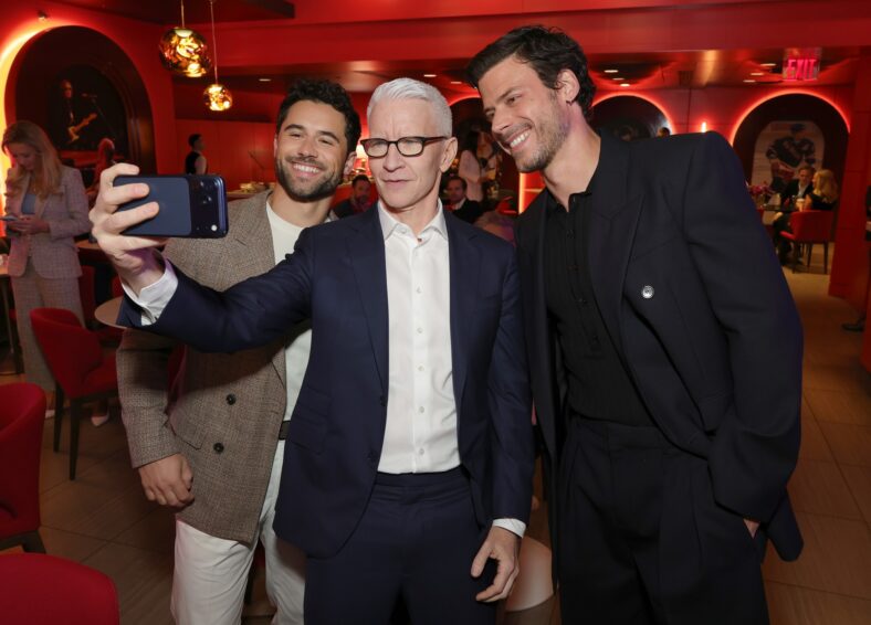 Francois Arnaud and Robbie GK with Anderson Cooper at Warner Bros Discovery Upfronts