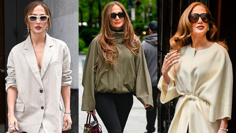 Jennifer Lopez steps out in three different outfits in New York City, including a beige blazer look, a sage green bomber jacket outfit, and a cream belted coat ensemble.