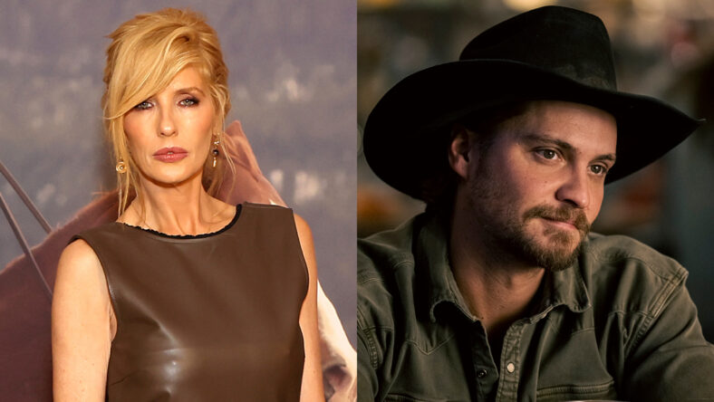 Side-by-side entertainment news graphic featuring Kelly Reilly at a Berlin screening event for Dutton Ranch on the left and a still image of Luke Grimes from Marshals on the right