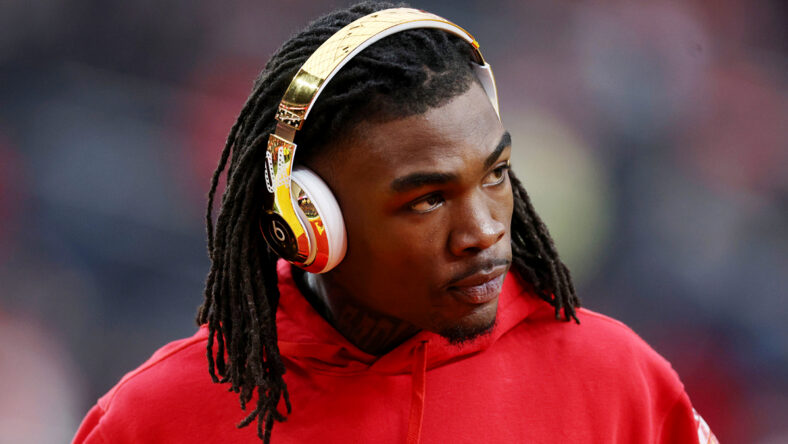 Rashee Rice #4 of the Kansas City Chiefs warms up before Super Bowl LVIII