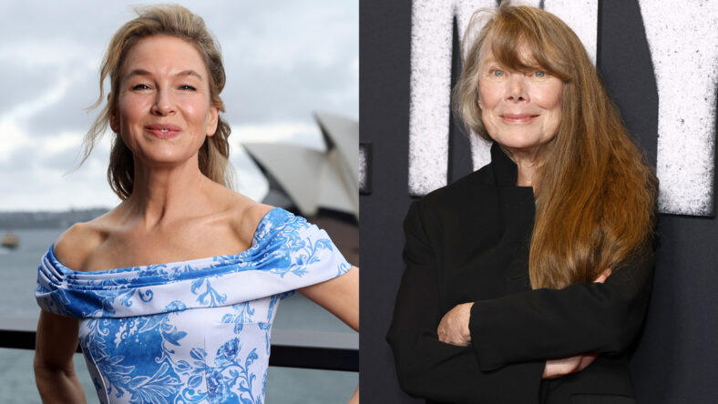 Side-by-side entertainment photo featuring Renée Zellweger in a blue off-the-shoulder dress on the left and Sissy Spacek in a black outfit on the right
