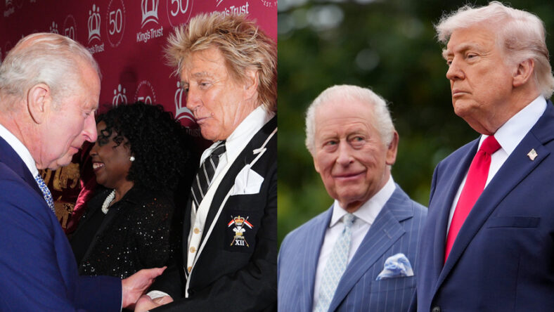 King Charles stock image with Rod Stewart and Donald Trump