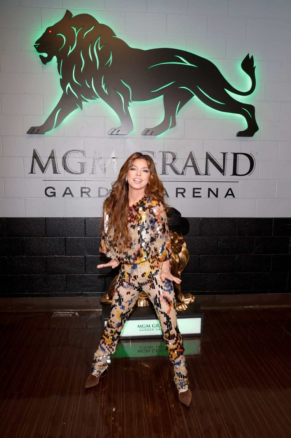 Shania Twain em macacão de lantejoulas multicoloridas.