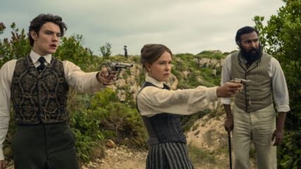 Louis Partridge as Tewkesbury, Millie Bobby Brown as Enola Holmes and Himesh Patel as Dr. Watson in Enola Holmes 3