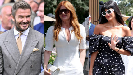 Split photo in three parts of David Beckham, Isla Fisher and Jameela Jamil arriving at the 2026 Wimbledon Championships
