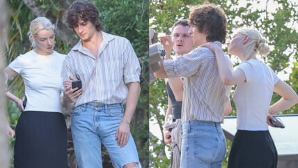 Composite photo, left side is Anya Taylor-Joy and husband Malcolm McRae looking at something on his phone, and the right is the couple looking through viewing binoculars