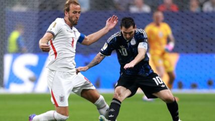 Lionel Messi #10 of Argentina controls the ball against Harry Kane #9 of England during the FIFA World Cup 2026 Semi Final match between England and Argentina at Atlanta Stadium on July 15, 2026 in Atlanta, Georgia
