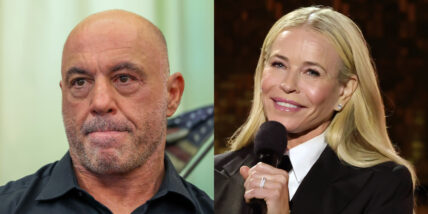 Joe Rogan stock image on the left, Chelsea Handler stock image of her smiling with a microphone on the right