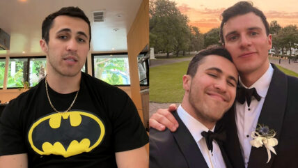 Chris Olsen speaking on TikTok in a Batman shirt along with a photo of him with ex-boyfriend Harrison Dockerty