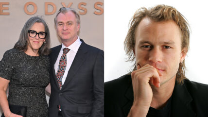 Composite photo of Christopher Nolan and wife Emma and Heath Ledger