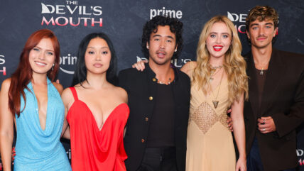 Tommi Rose, Lana Condor, Nico Hiraga, Kathryn Newton and Gavin Casalegno pose for group photo at The Devil's Mouth premiere