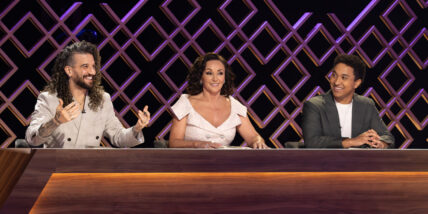 Mark and Shirley Ballas with Brandon Armstrong sitting at judges table for "Dancing with the Stars The Next Pro"