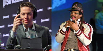 Tom Pelissero on the left, doing some on-air analyzing, and Cam Newton on the right, speaking into a microphone