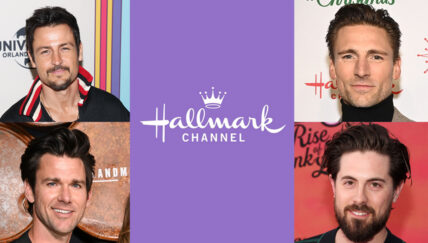 Four Hallmark movie actors surrounded by the Hallmark Channel logo