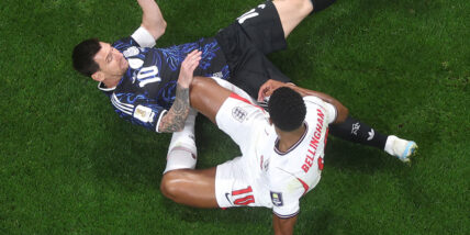 Jude Bellingham and Lionel Messi on the ground during World Cup semi-finals match on July 15, 2026