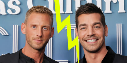 Fraser Olender & Matt Rogers smiling on a red carpet in a stock image with a lightning bolt down the center to indicate they have broken up