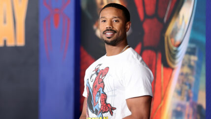 Michael B Jordan in Spider-Man shirt at premiere