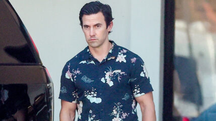 Milo Ventimiglia in a floral print shirt.