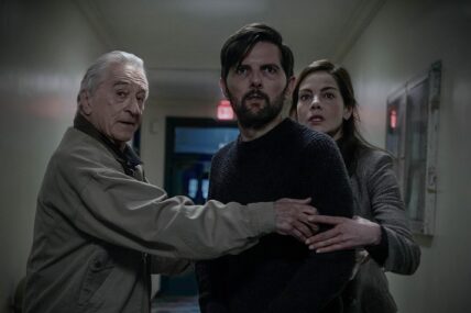 Robert De Niro and Michelle Monaghan flank Adam Scott in a still from "The Whisper Man"