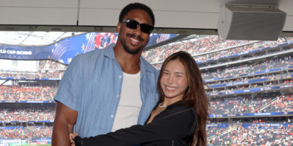 Myles Garrett and Chloe Kim in the Marriott Bonvoy suite at the World Cup