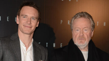 Michael Fassbender and Ridley Scott pose at Alien: Covenant premiere