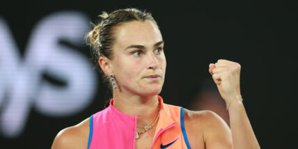 Aryna Sabalenka on the tennis court in a stock photo