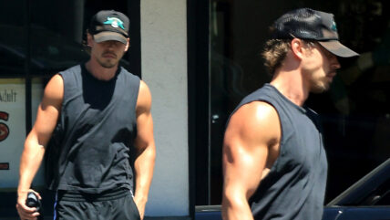 Austin Butler in a blank tank top while leaving the gym