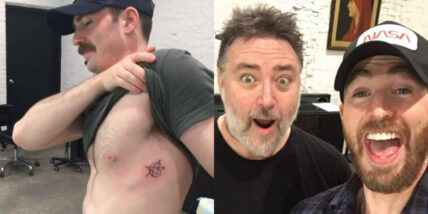 Chris Evans' Avengers tattoo on his bare torso with the artist who did the ink