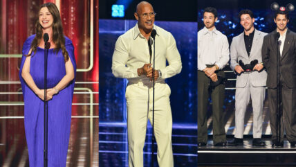 A composite photo of Anne Hathaway, Dwayne Johnson, and the Jonas Brothers as the D23: Disney Legends Award Ceremony.