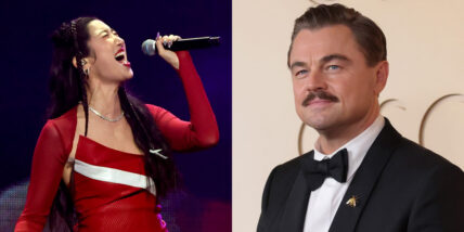 Ejae singing into a microphone while wearing red on the left. Leonardo DiCaprio in a tuxedo at the 2026 Oscars on the right