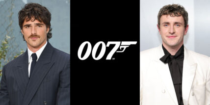 Jacob Elordi on the left with Paul Mescal on the right in stock images from past red carpets. In the center the 007 logo in white with a black background