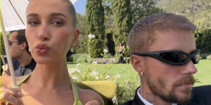 Justin and Hailey Bieber in a selfie from Finneas' wedding on August 29, 2026 in Montecito, California