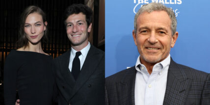 Josh Kushner with his wife Karlie Kloss on the left, Bob Iger on the right. Karlie and Josh are against a black background in black formalwear. Bob is in front of a blue backdrop
