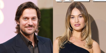 Lily James on the right, Lucas Bravo on the left in stock images