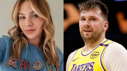 On the left is a selfie of Anamarie Goltes and the right is a photo of Luka Doncic on the court playing for the LA Lakers.
