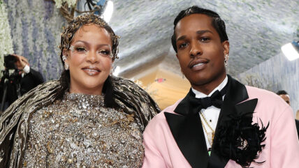 Rihanna and ASAP Rocky pose while attending the 2026 Met Gala