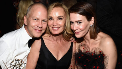 Ryan Murphy, Jessica Lange, Sarah Paulson pose at a 2014 emmys party
