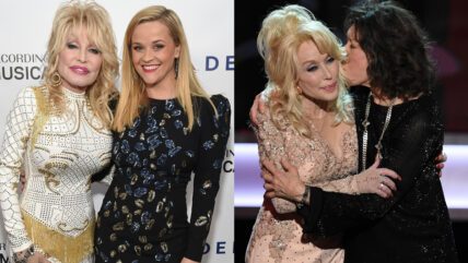 Composite photo of Reese Witherspoon and Dolly Parton on the left and Lily Tomlin and Dolly Parton on the right.