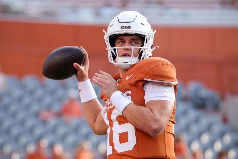Arch Manning warms up before a Texas Longhorns game