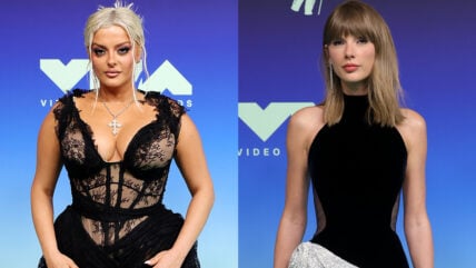 Side by side composite of Bebe Rexha on the left at the 2026 VMAs and Taylor Swift on the right at the same event.