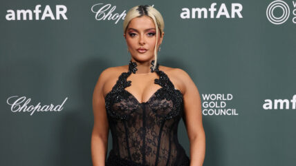 Bebe Rexha in see-through black lace dress at Venice amfAR Gala