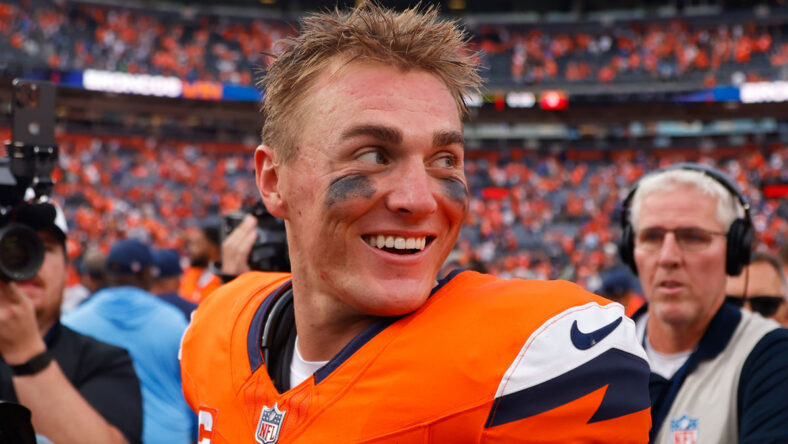 Bo Nix on the NFL field after the Tennessee Titans v Denver Broncos game in September 2025