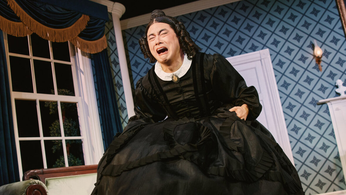 Bowen Yang in costume as Mary Todd Lincoln in Oh Mary on Broadway
