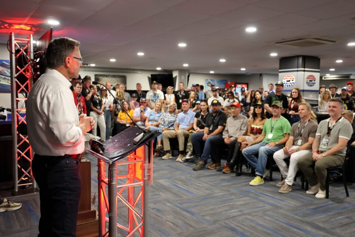 Brad Pitt and Ines de Ramon attend driver's meeting ahead of NASCAR race in Bristol