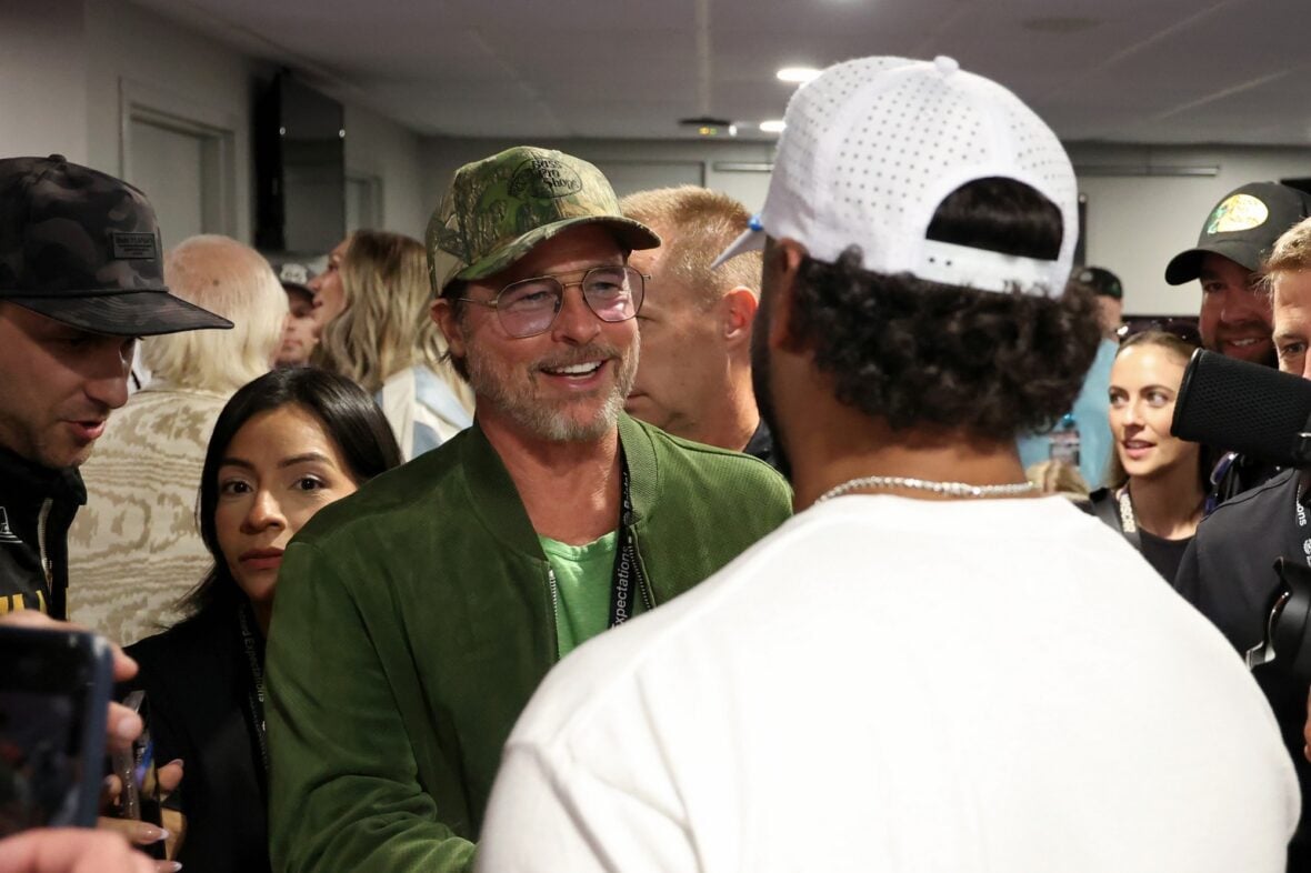 Brad Pitt attends the NASCAR race in Bristol