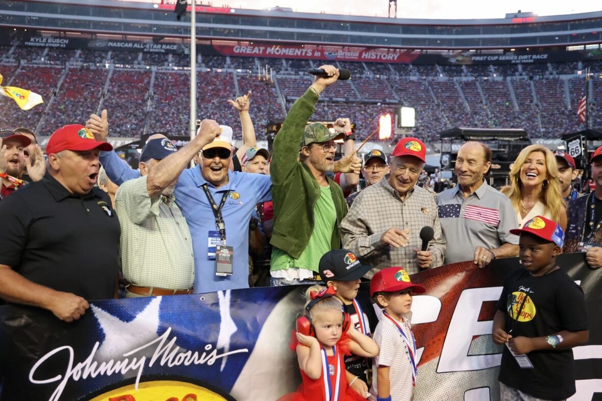 Brad Pitt attends the NASCAR race in Bristol